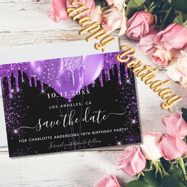 Save The Date Anniversaire noir violet ballons enregistrer la da (Créateur téléchargé)