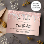 Save The Date Anniversaire rose or or argent enregistrer la cart<br><div class="desc">Une élégante carte Save the Date pour une fête d'anniversaire de 40e (ou tout âge). Un arrière - plan rose à dégradé d'or décoré avec de l'or rose et des gouttes de parties scintillant en faux argent, la peinture goutte à goutte. Personnalisez et ajoutez une date et un nom/âge 40....</div>