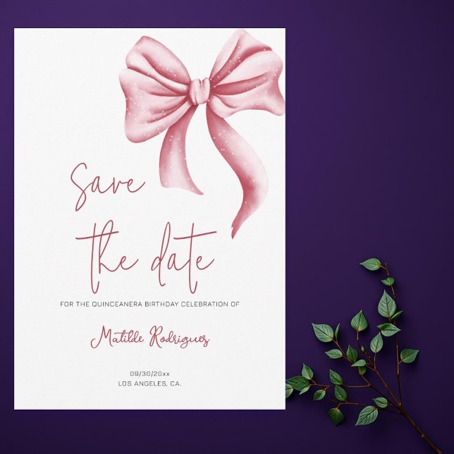 Save The Date Anniversaire simple de Bow rose Quinceañera (Créateur téléchargé)