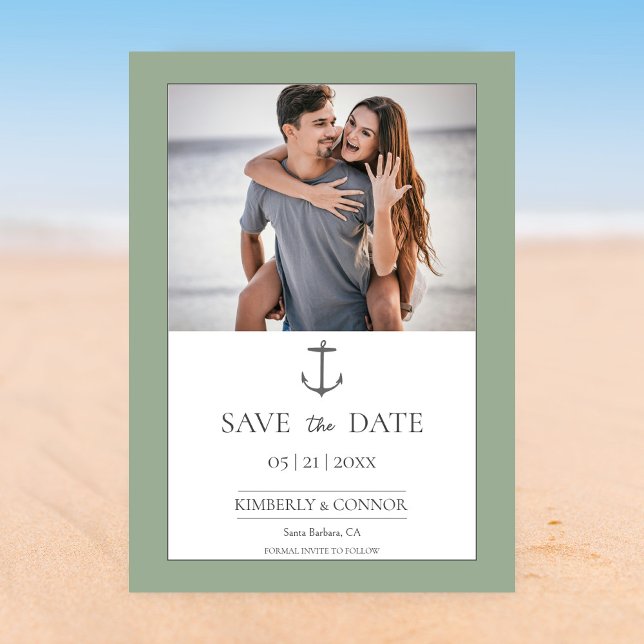 Save The Date Annonce de date de mariage avec une ancre nautique (Sage Green Simple Nautical Anchor Photo Save the Date)