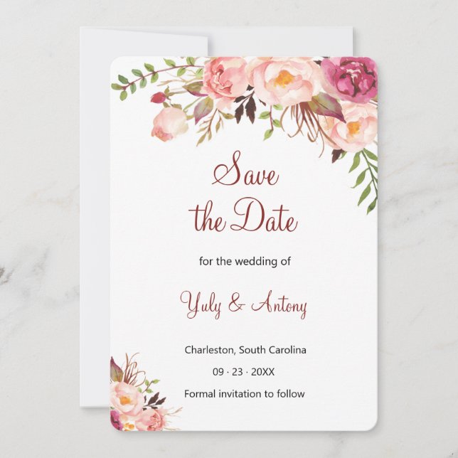Save The Date Annonce de jardin de roses Botanical Blush (Devant)