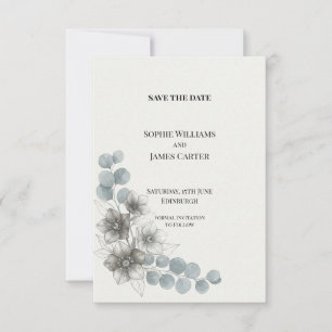 Save The Date Annonce de mariage à Eucalyptus Anémone Bleu Gris