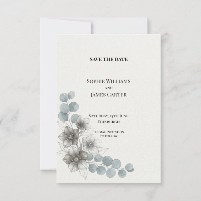 Save The Date Annonce de mariage à Eucalyptus Anémone Bleu Gris (Devant)
