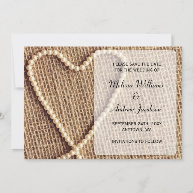 Save The Date Annonce de Mariage Coeur de Perle en Toile de Jute (Devant)