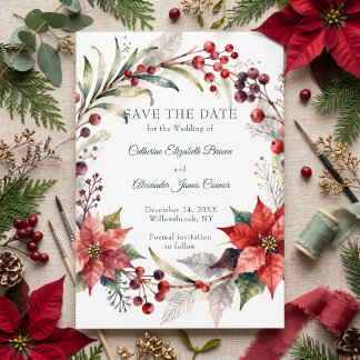 Save The Date Annonce de mariage d'hiver au poinsettia aquarelle