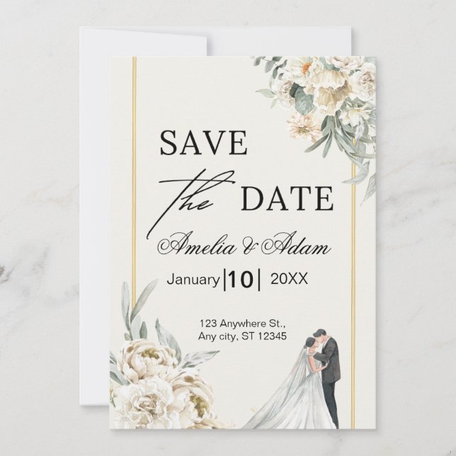 Save The Date Annonce Élégante de Fleurs de Script pour Sauvegar (Devant)
