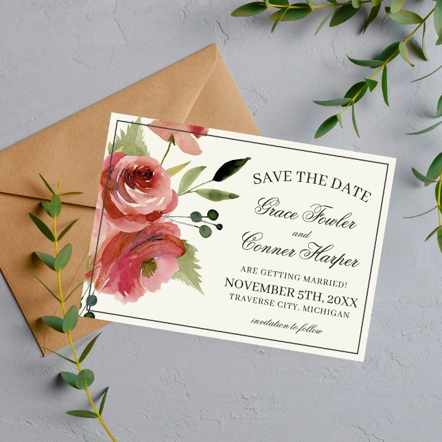Save The Date Antique Floral rose À feuillage persistant Mariage (Créateur téléchargé)