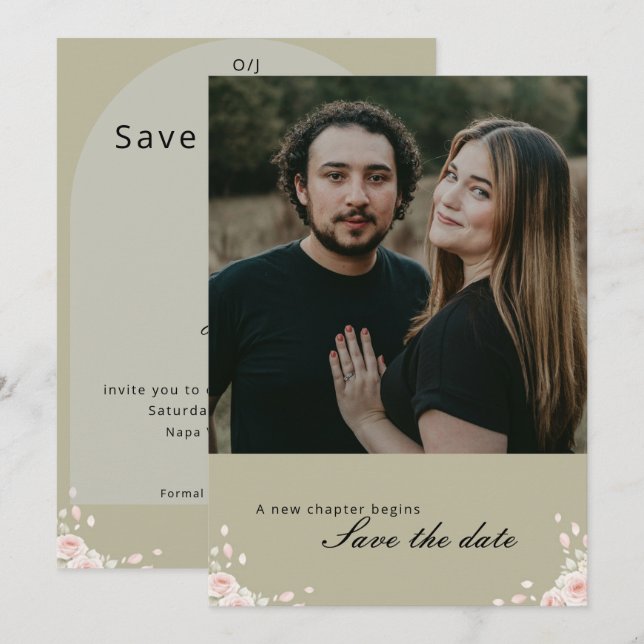 Save The Date Antique Sage Green Whispered Petals Elegant photo (Devant / Derrière)