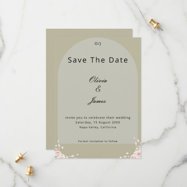 Save The Date Antique Vert Sauge Pétales Murmurés Écriture Éléga (Devant/Arrière en situation)