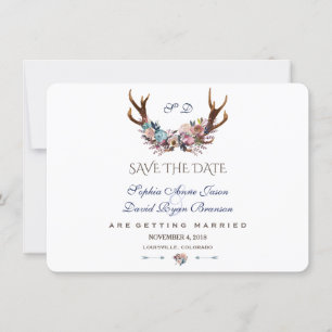 Save The Date Antlers Dusty Blue Rose Floral Enregistrer La Date
