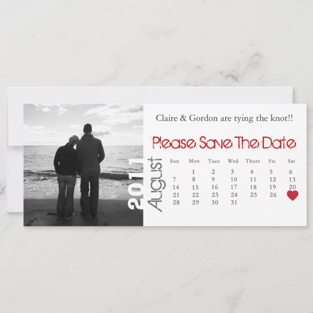 Save The Date août Calendrier blanc et rouge Enregistrer la date (Devant)