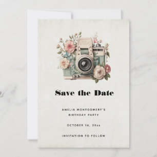 Save The Date Appareil photo avec image rétro pastel de fleurs
