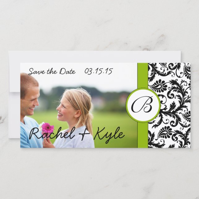 Save The Date Apple Green Black Damask Enregistrer la date Votre (Devant)