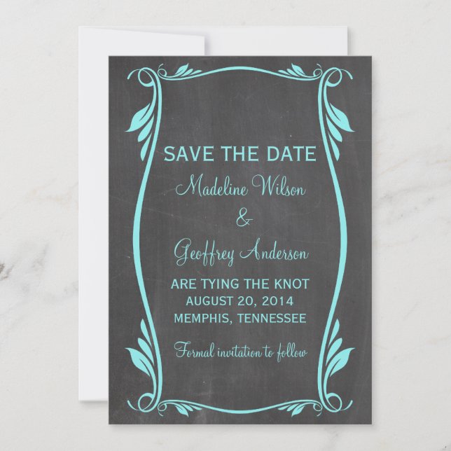 Save The Date Aqua Flourish Chalkboard Enregistrer la date Invit (Devant)