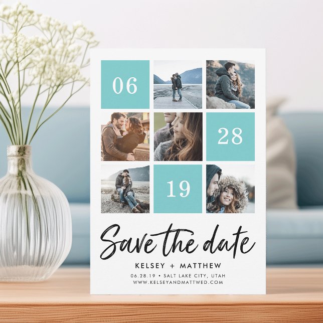 Save The Date Aqua Grid Collage | Photo Enregistrer la date (Créateur téléchargé)