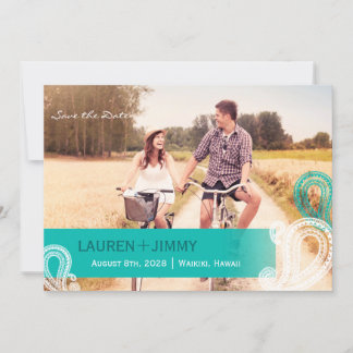 Save The Date Aqua Paisley Photo simple Mariage Enregistrer la d