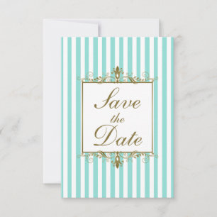 Save The Date Aqua, White Stripes Gold Scroll Enregistrer la car
