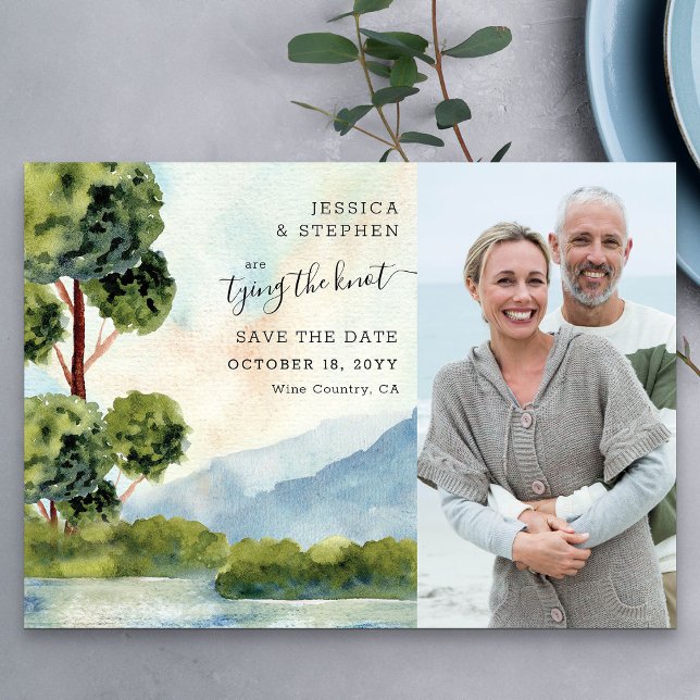 Save The Date Aquarelle À feuillage persistant du lac Photo Enre (Photo Save the Date card from my Lake Evergreen wedding collection)