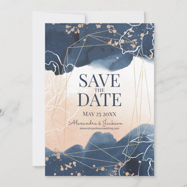 Save The Date Aquarelle Abstraite Bleu Or (Devant)