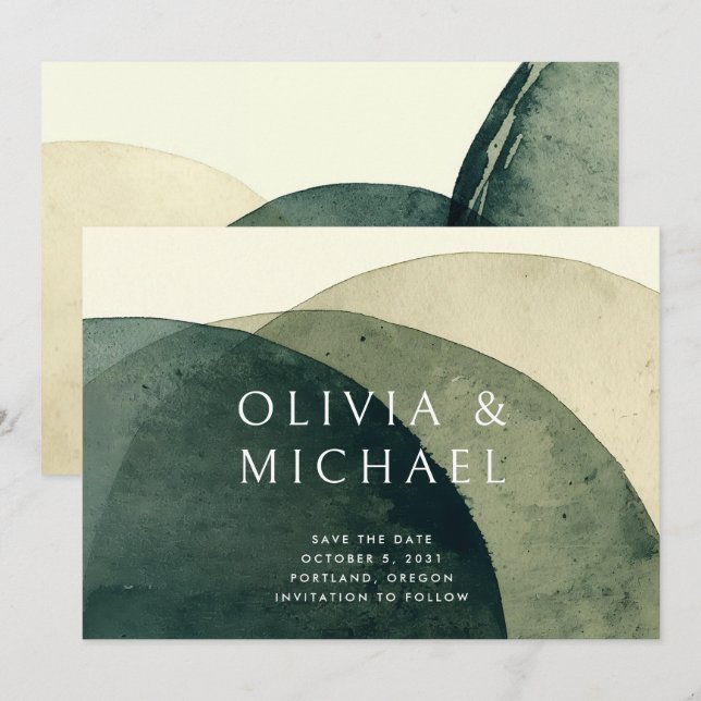 Save The Date Aquarelle Abstraite moderne Mariage vert olive (Devant / Derrière)