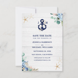 Save The Date Aquarelle Ancre marine Floral Rustic Beach