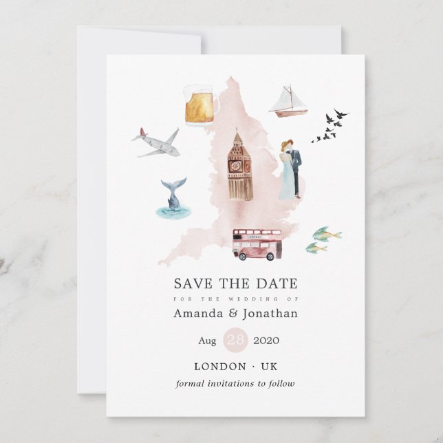 Save The Date Aquarelle Angleterre Royaume-Uni Mariage (Devant)