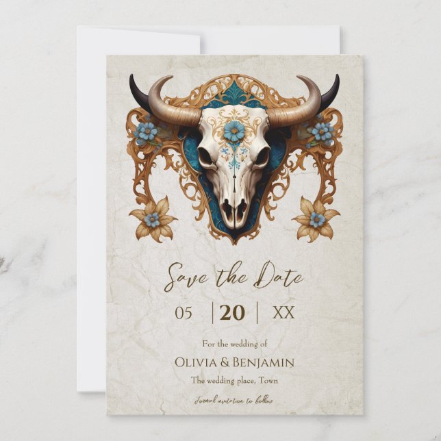 Save The Date Aquarelle Art nouveau Floral Vache Crâne Mariage (Devant)