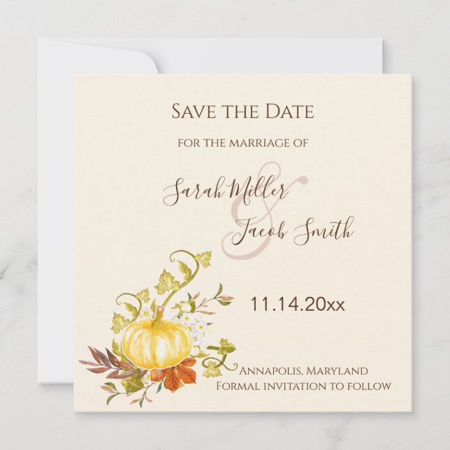 Save The Date Aquarelle Automne Citrouille et Mariage Feuille (Devant)