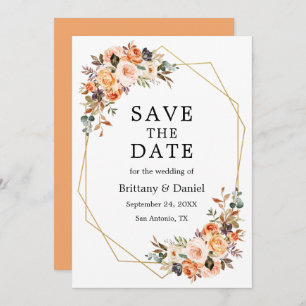 Save The Date Aquarelle Automne Floral Geo Frame Peach