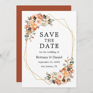 Save The Date Aquarelle Automne Floral Geo Frame Terracotta