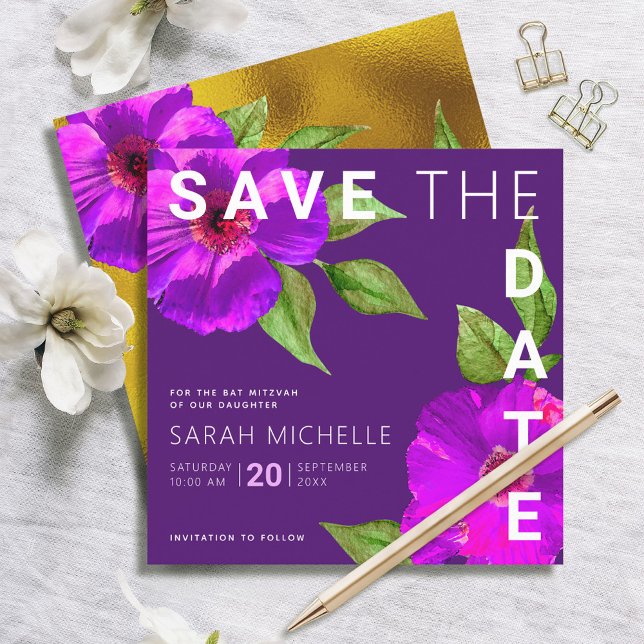 Save The Date Aquarelle bat mitzvah moderne violet rose rose (Créateur téléchargé)