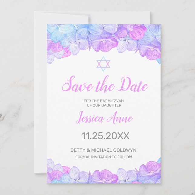 Save The Date Aquarelle bat mitzvah rose florale Enregistrer la  (Devant)