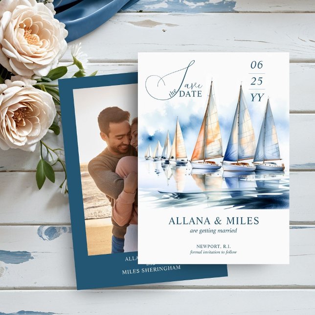 Save The Date Aquarelle Bateaux à voile et photo Mariage côtier (Créateur téléchargé)