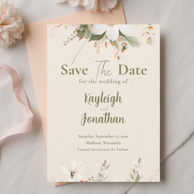 Save The Date Aquarelle Beige moderne Mariage Floral (Créateur téléchargé)