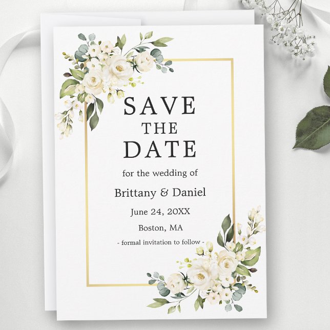 Save The Date Aquarelle Blanc Floral Vert Or (Customize to change text size or text style.)