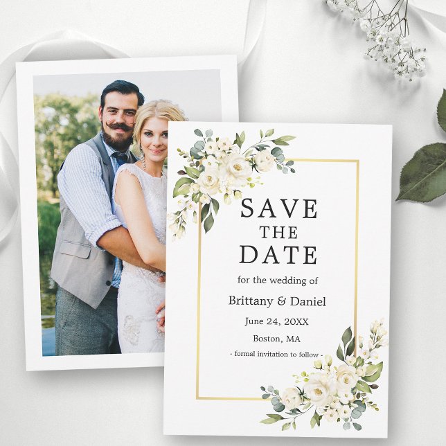 Save The Date Aquarelle Blanc Floral Vert Or Photo (Customize to change text size or text style.)