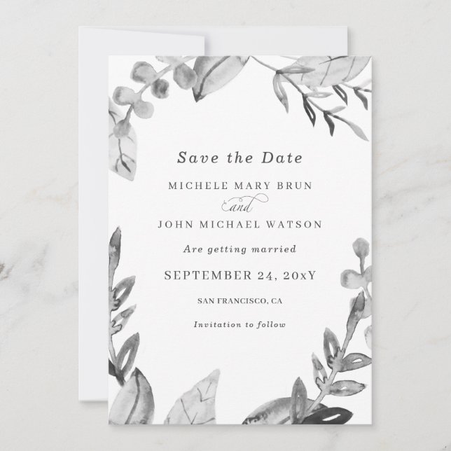 Save The Date Aquarelle Blanc frais Gris Feuille Mariage d'hiver (Devant)