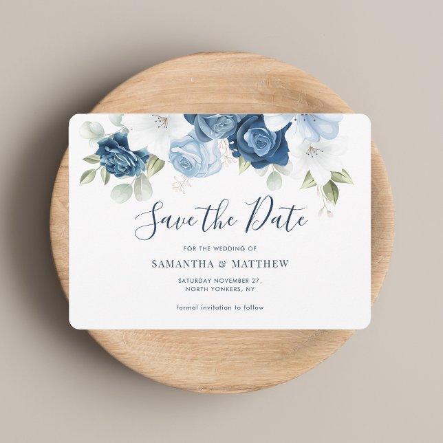 Save The Date Aquarelle bleu bleu foncé (Watercolor Dusty Blue Floral Script Save The Date)
