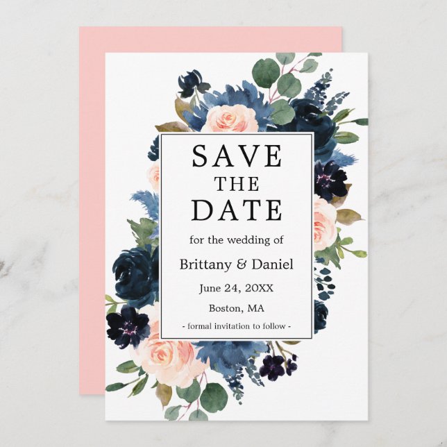 Save The Date Aquarelle bleu bleu rose rose flou cadre (Devant / Derrière)