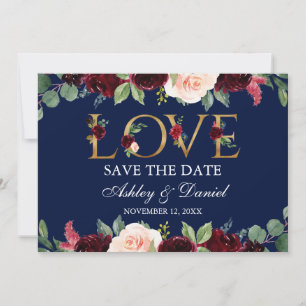 Save The Date Aquarelle Bleu Bourgogne Amour Floral Enregistrer