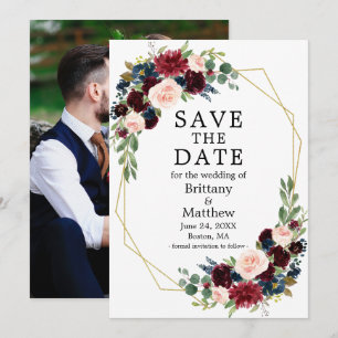 Save The Date Aquarelle bleu Bourgogne Floral Geo Frame Photo