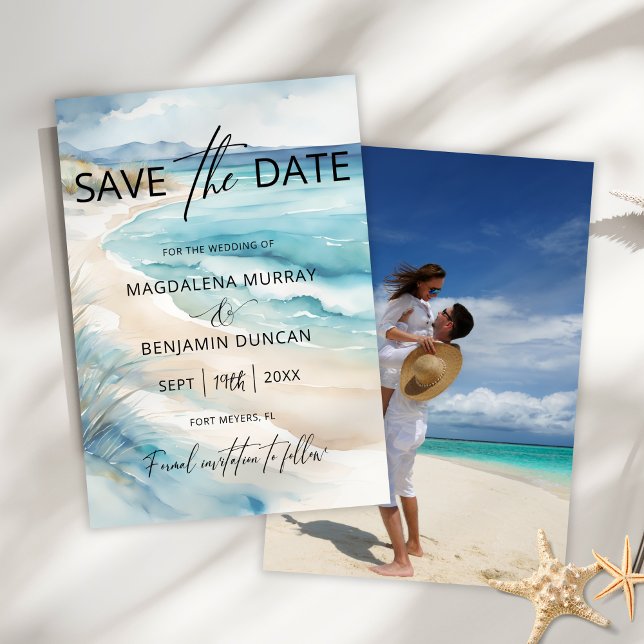 Save The Date Aquarelle Bleu Côtier Mariage Photo (Créateur téléchargé)