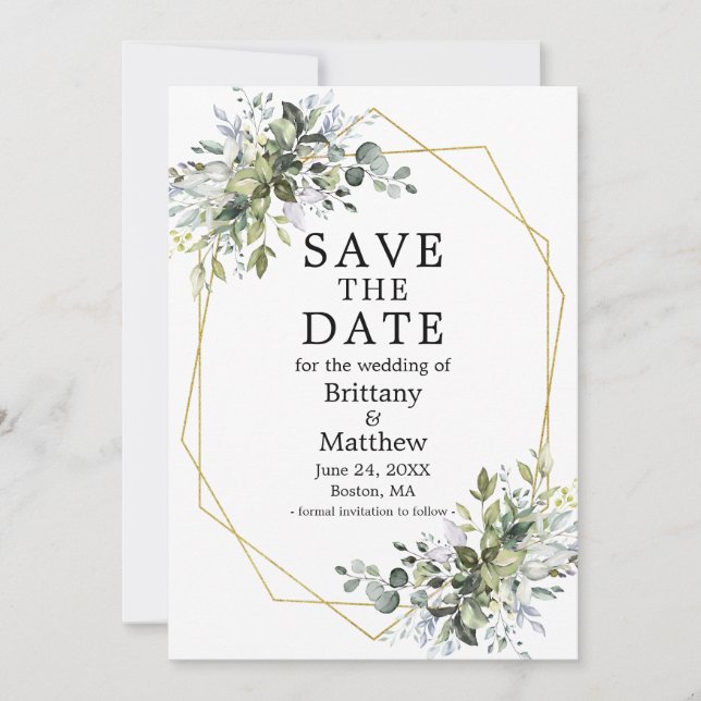 Save The Date Aquarelle Bleu Duché Vert Cadre géométrique (Devant)