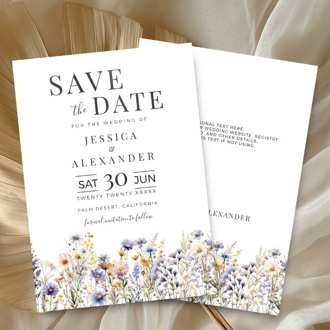 Save The Date Aquarelle bleu Dusty Fleurs sauvages Mariage éléga (Dusty Blue Watercolor Wildflowers Elegant Wedding Save the Date with Optional Info on the Back.)