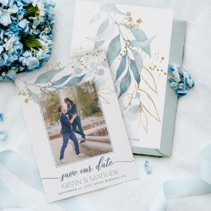 Save The Date Aquarelle Bleu Dusty Floral Élégant Mariage photo