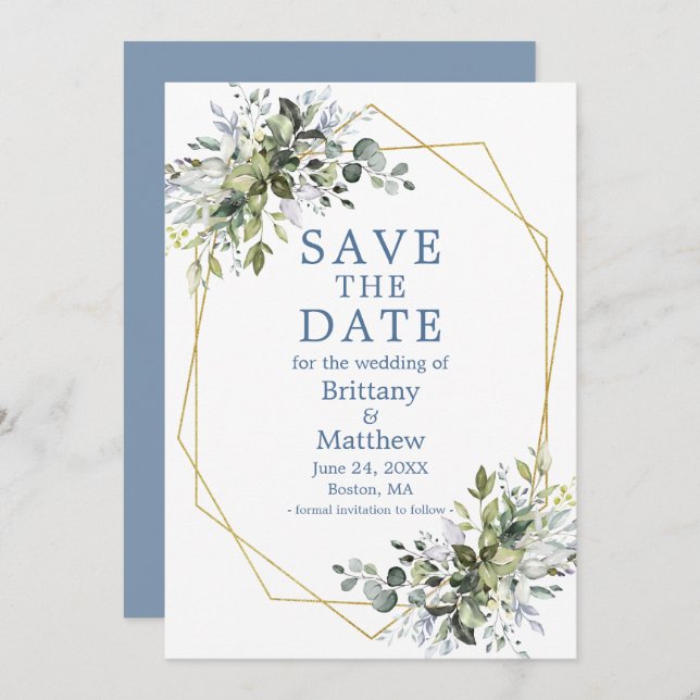 Save The Date Aquarelle bleu Dusty Verdure Gold Geo Frame (Devant / Derrière)