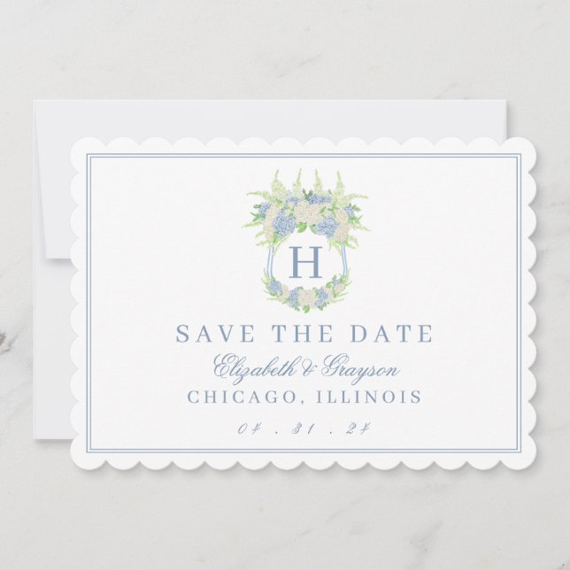 Save The Date Aquarelle Bleu et Blanc Hydrangea Crest (Devant)