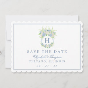 Save The Date Aquarelle Bleu et Blanc Hydrangea Crest