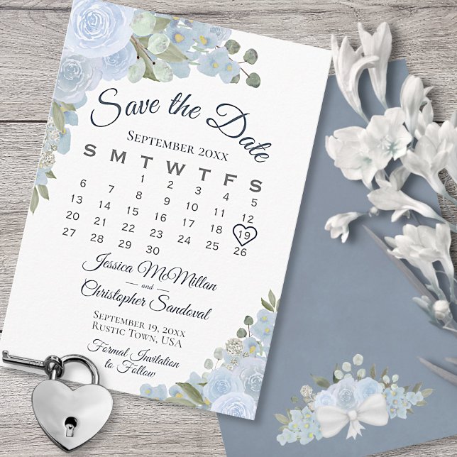 Save The Date Aquarelle bleu foncé Floral Boho Calendrier Mariag (Créateur téléchargé)