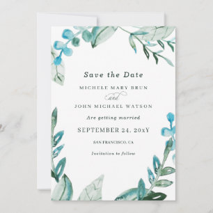 Save The Date Aquarelle Bleu Frais Vert Feuille Mariage Économis